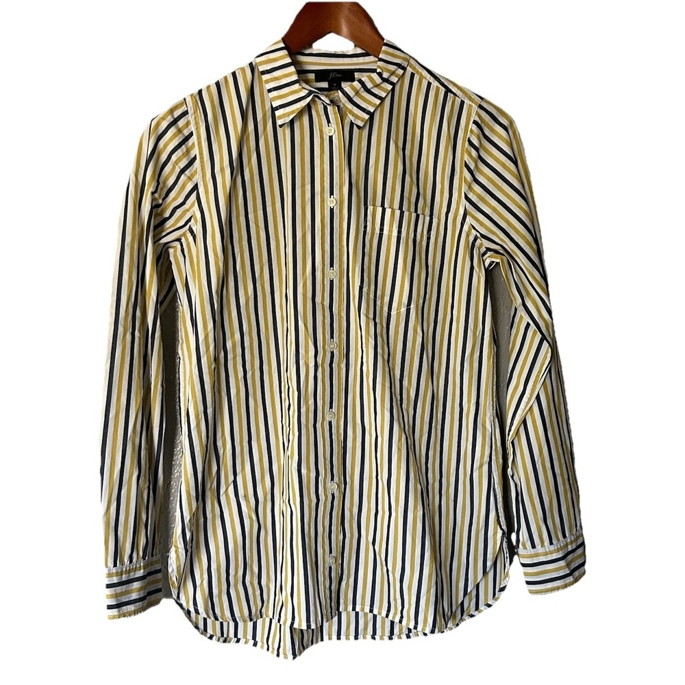 J Crew Yellow Blue Striped Collared Long Sleeve Button Down Size 4 Preppy